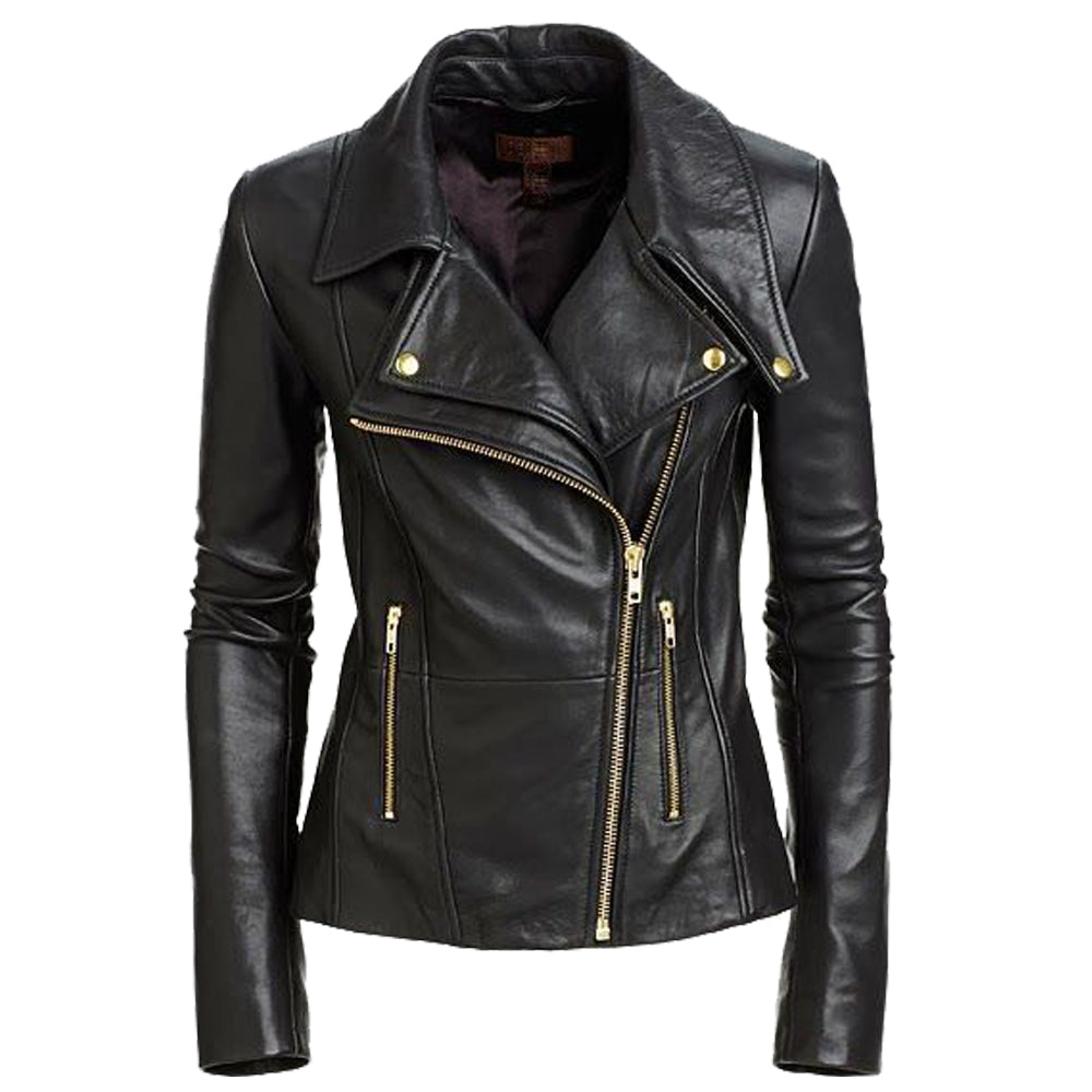 Women Motorcycle Rider Golden Button Black Leather Jacket - AMSEL LEATHERS