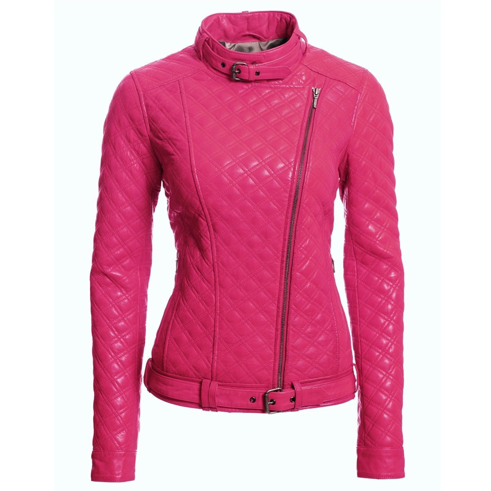 Women Shocking Pink Fashion Biker Leather Jacket - AMSEL LEATHERS