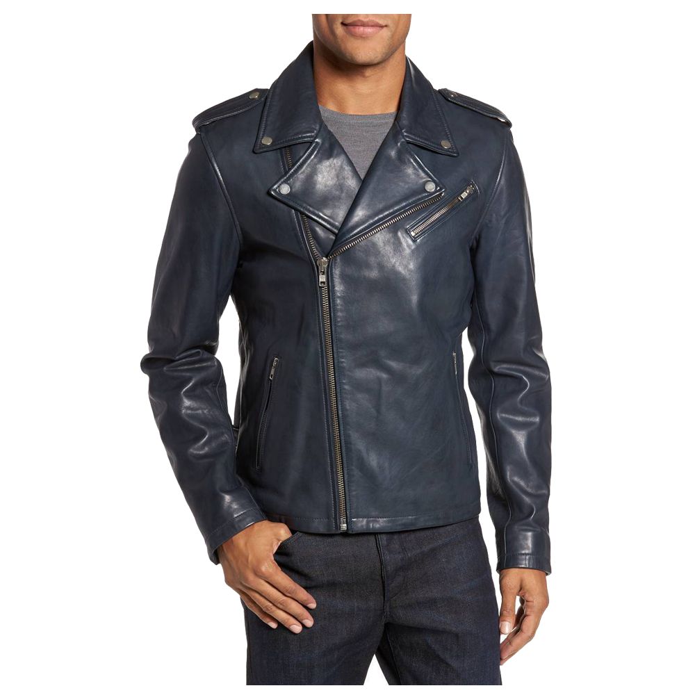 Dark Blue Biker Fashion Jacket - AMSEL LEATHERS