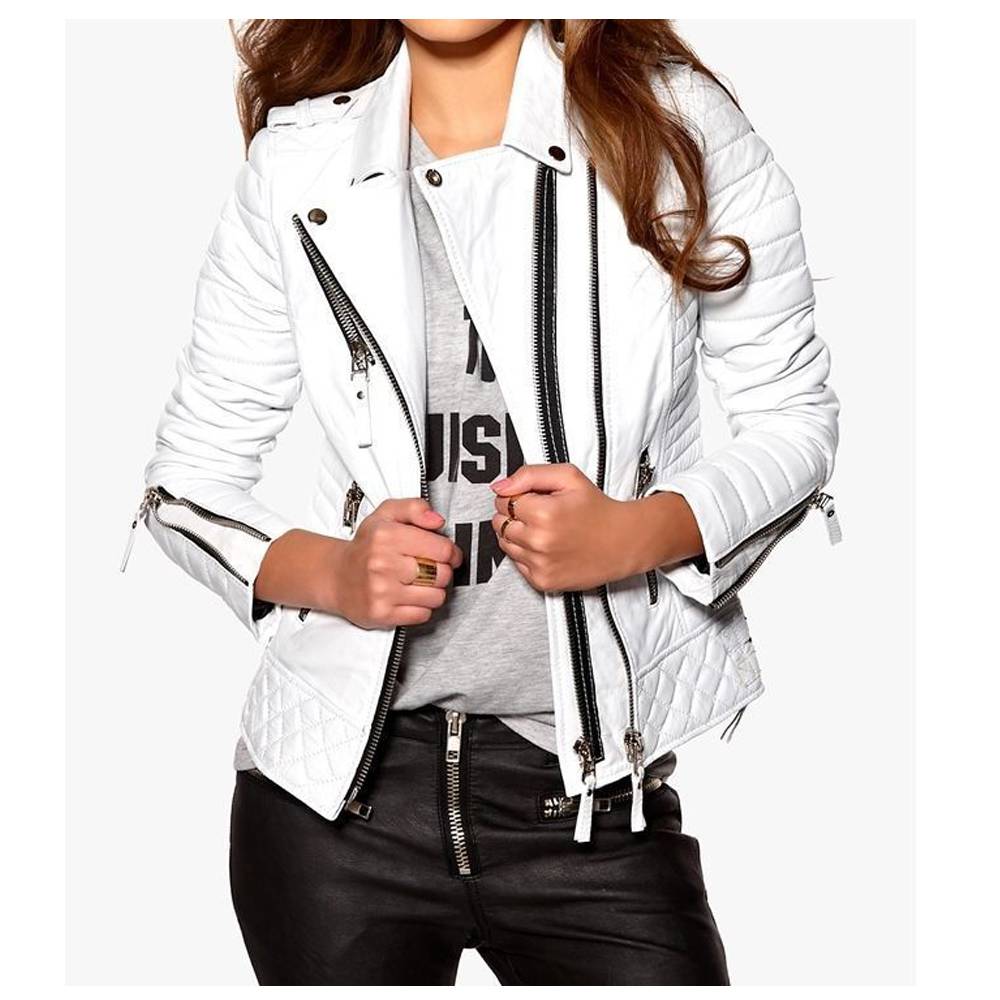 Women Soft Slim Fit Motorcycle Leather Jacket White - AMSEL LEATHERS