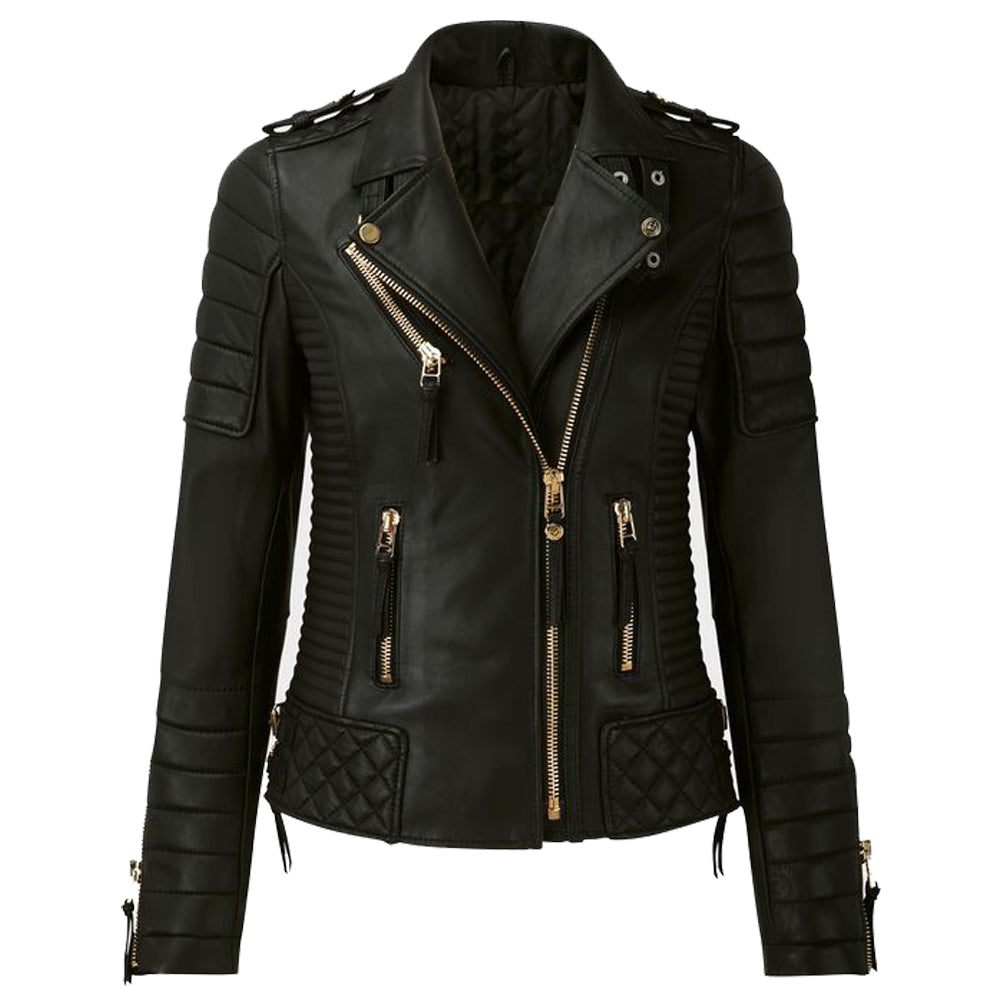 Women Motorcycle Classic Fashion Golden Zipper Leather Jacket - AMSEL LEATHERS