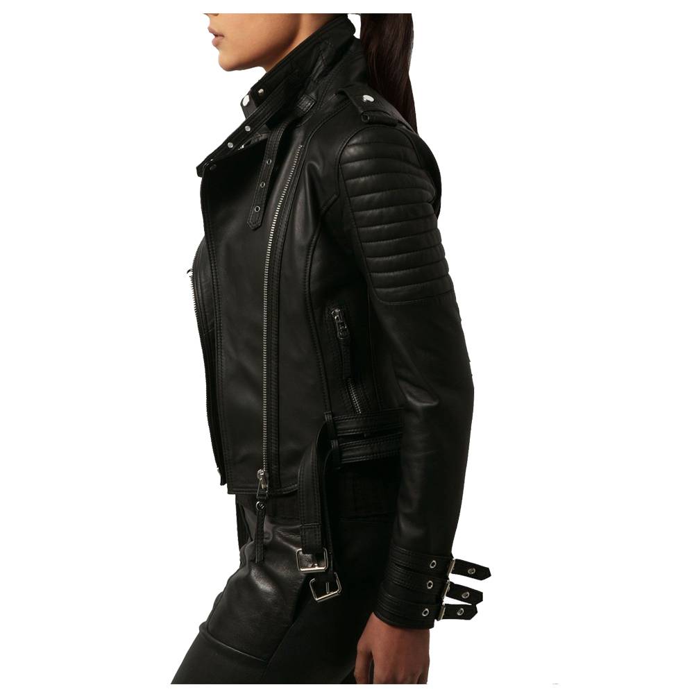 WOMEN WAIST BELTED MOTO SLIM FIT BIKER JACKET LAMBSKIN BIKER JACKET - AMSEL LEATHERS