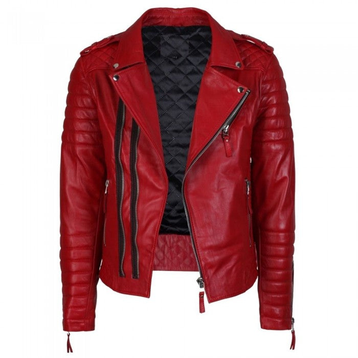 Men Supreme Red Biker Fashion Leather Jacket - AMSEL LEATHERS