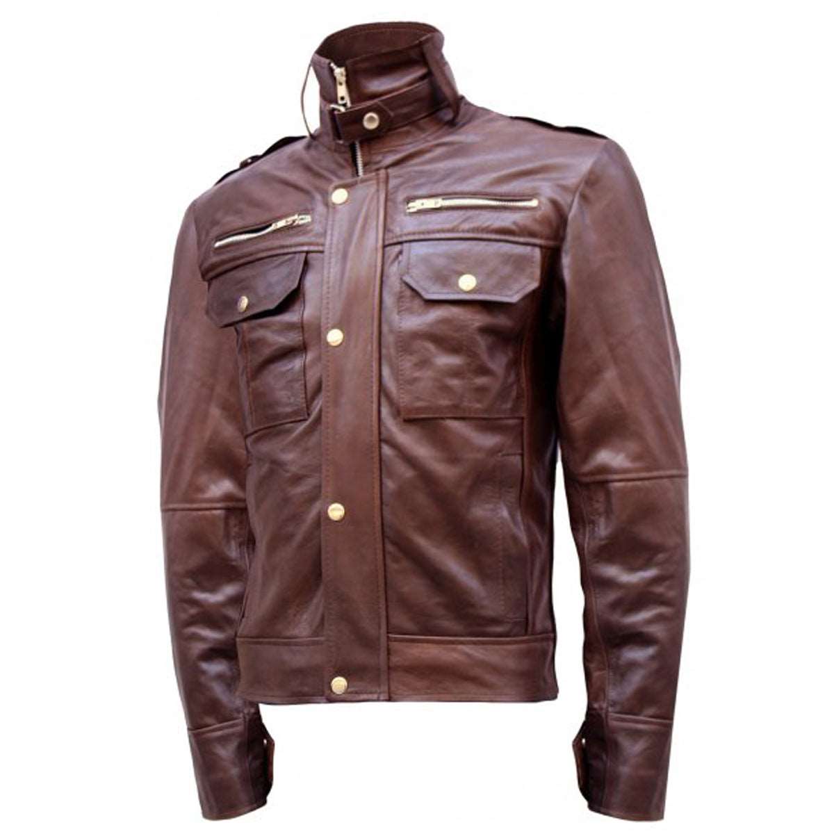 Chocolate Brown Men Military Leather Jacket - AMSEL LEATHERS