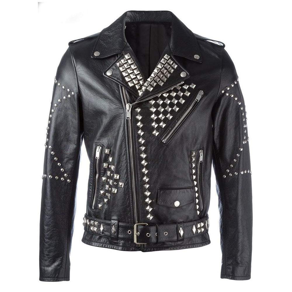 Mens Black Biker Studded American Leather Jacket - AMSEL LEATHERS