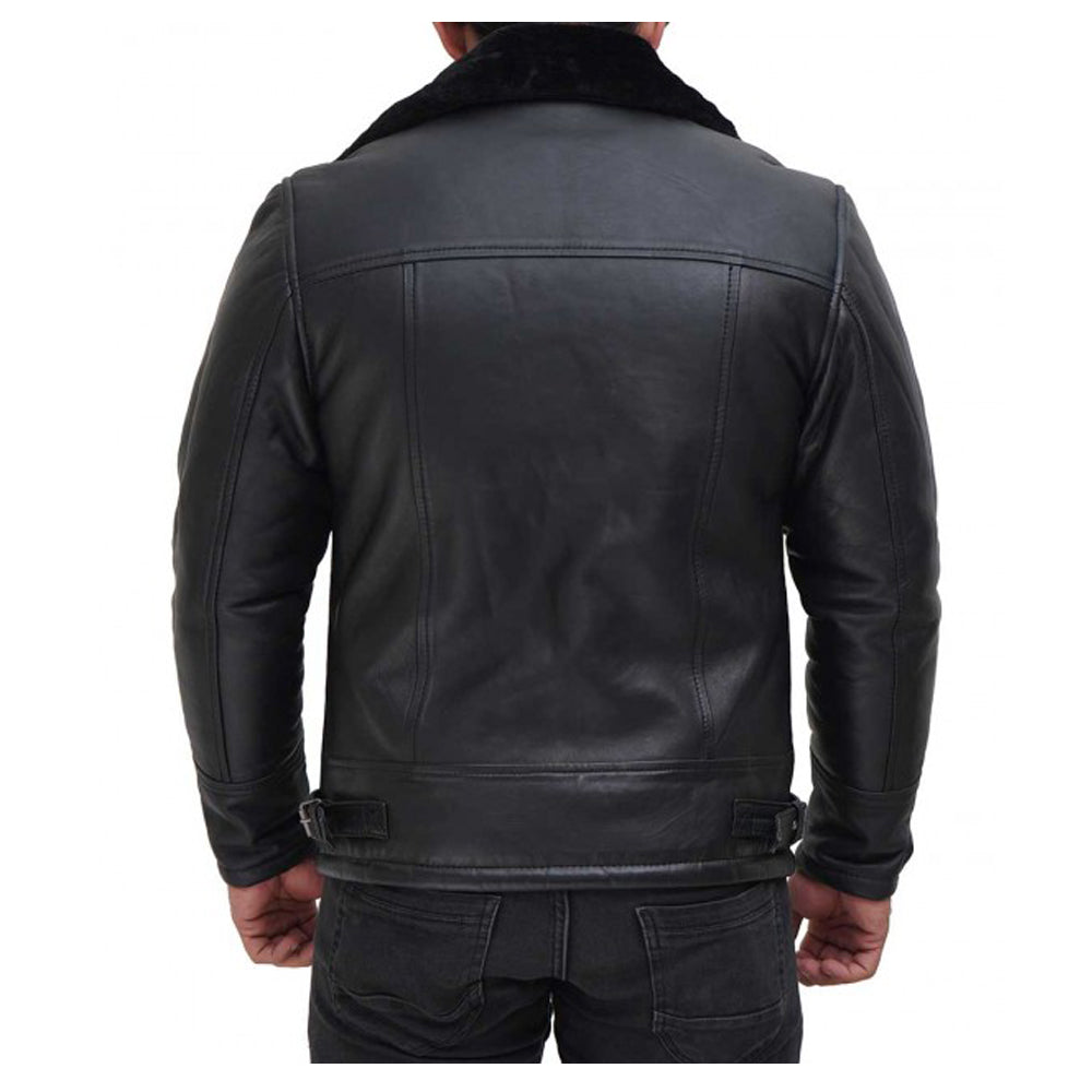 Men Black Shearling Bomber Leather Jacket - AMSEL LEATHERS