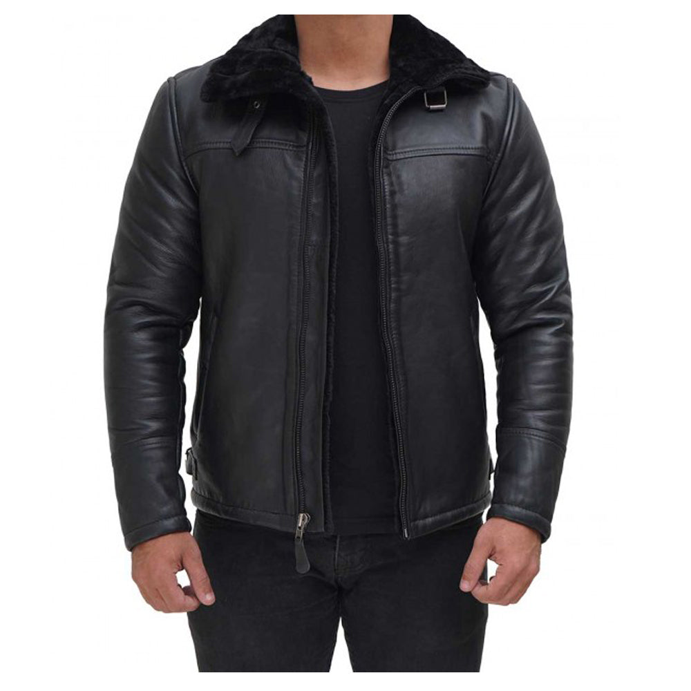 Men Black Shearling Bomber Leather Jacket - AMSEL LEATHERS