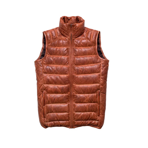 men's brown puffer sheepskin leather vest marek front view