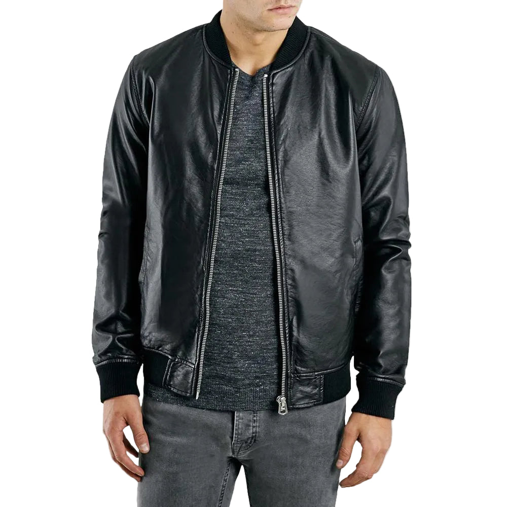 men's black lambskin leather bomber jacket adler front view