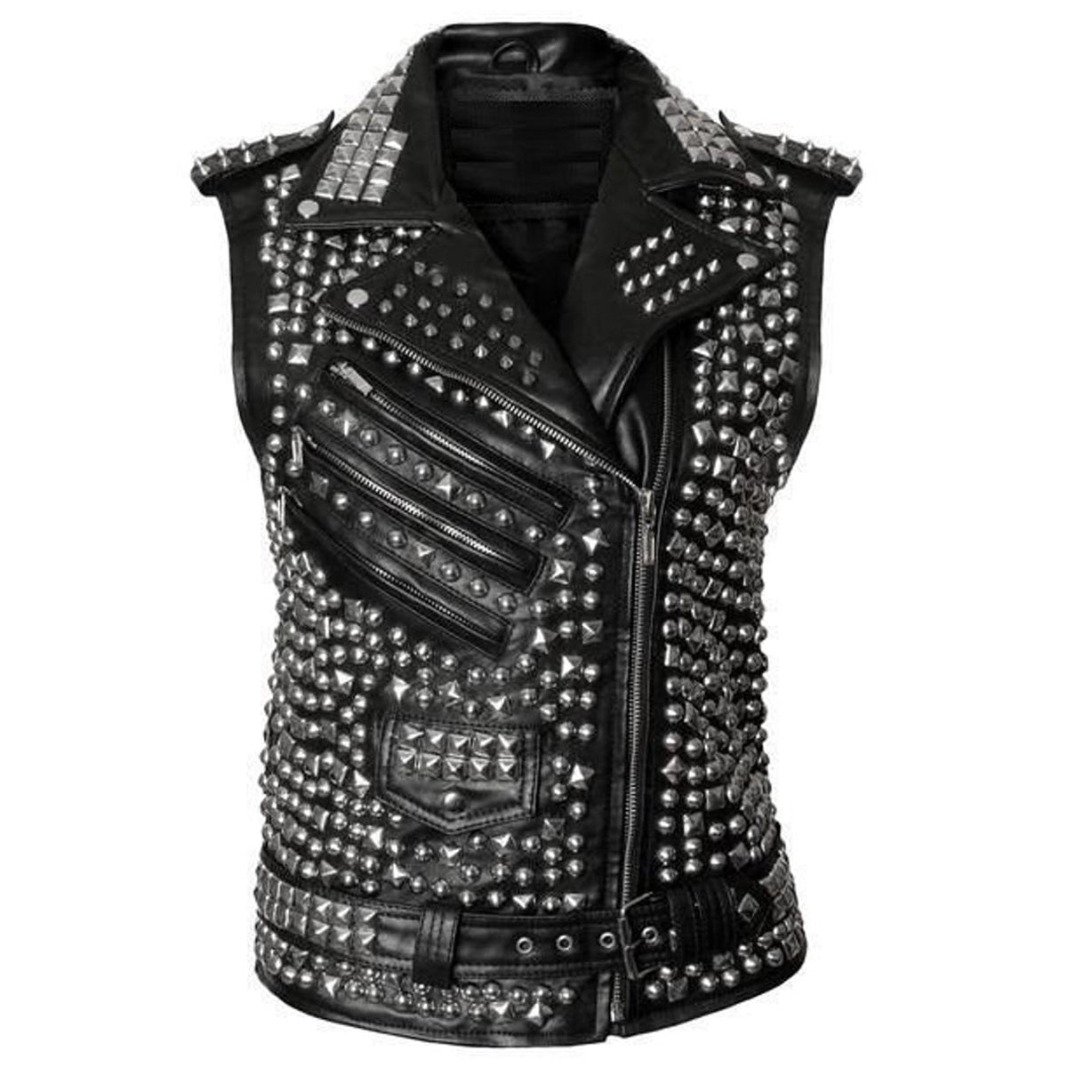 Women Studded Leather Vest Spike Belted Punk Goth - AMSEL LEATHERS