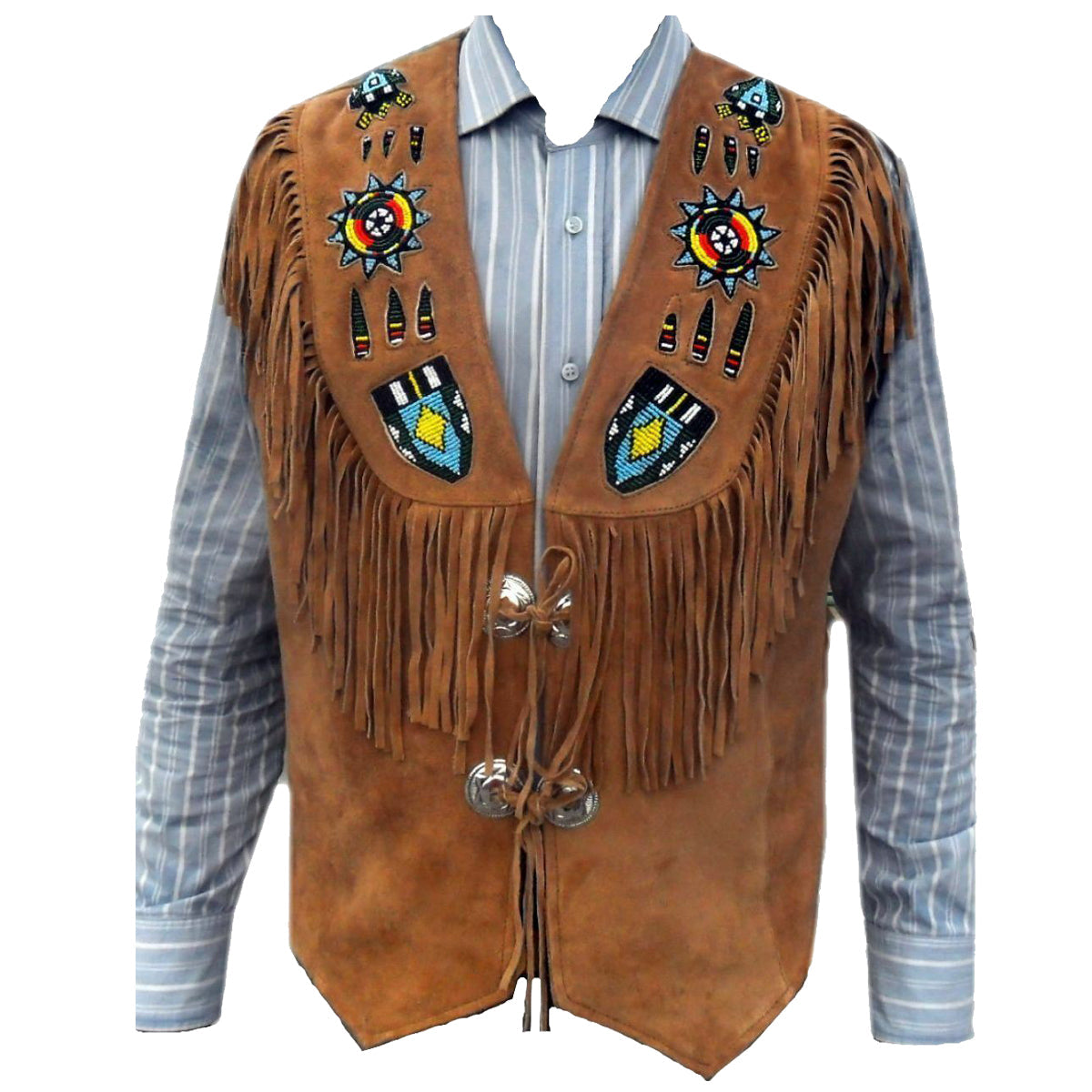 Men Western Brown Suede Leather Vest Fringes Beads Bones - AMSEL LEATHERS