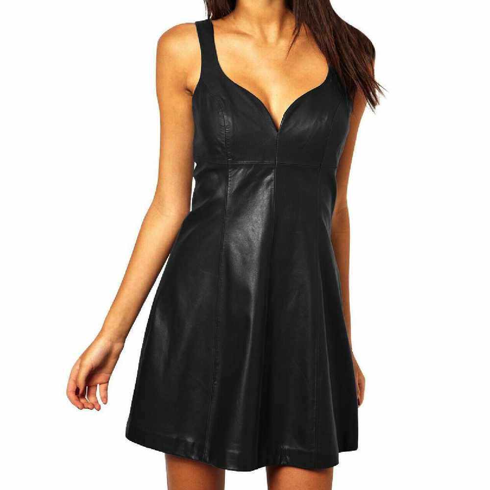 Mid Night Black Leather Dance Party Mini Dress For Women - AMSEL LEATHERS