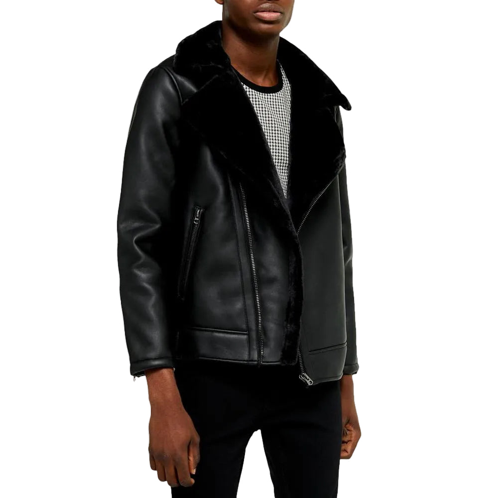 • black shearling leather jacket mens lambskin front view
