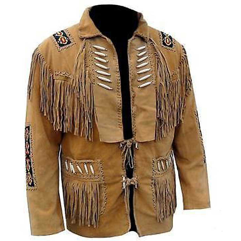 Men Tan Brown Western Cowboy Fringe Leather Jacket - AMSEL LEATHERS