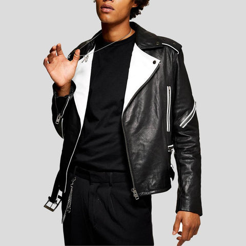 men's black lambskin leather bomber jacket varek front view