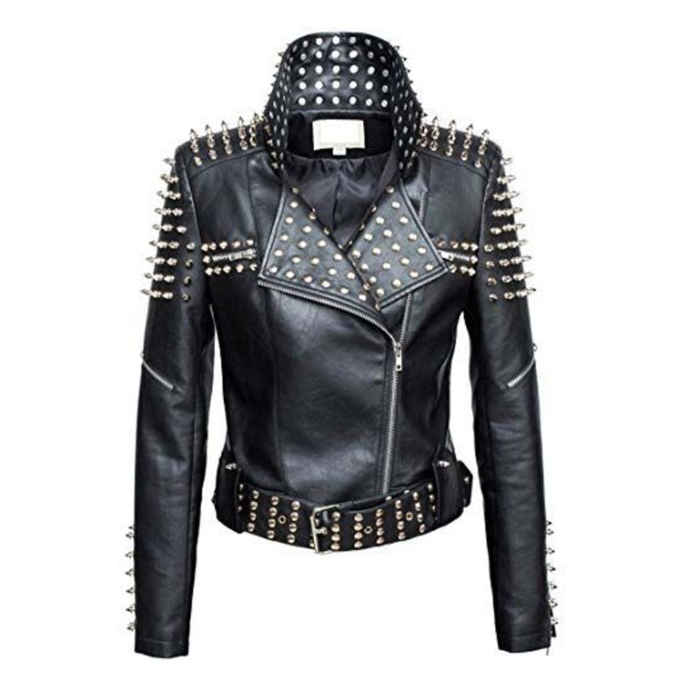 Women Slim Fit Studded Brando Leather Jacket - AMSEL LEATHERS