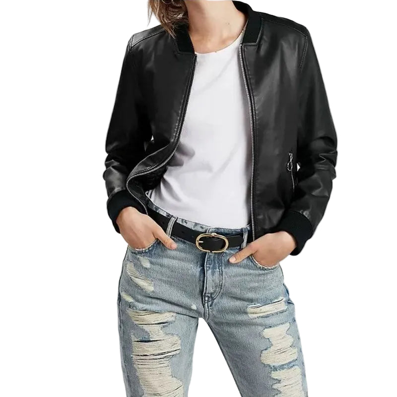 women's black lambskin leather bomber jacket vivienne front view