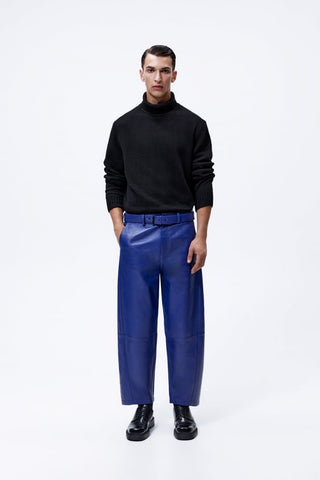 men's blue sheepskin leather pants alaric side angle