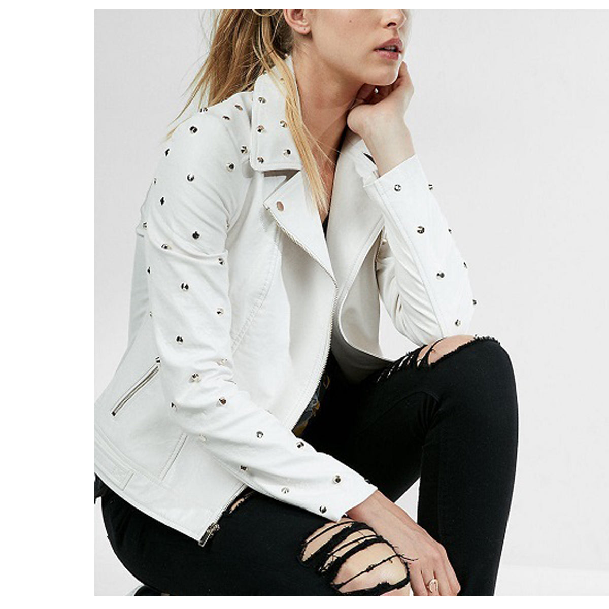 Ladies White Leather Gold Studded Party Jacket - AMSEL LEATHERS