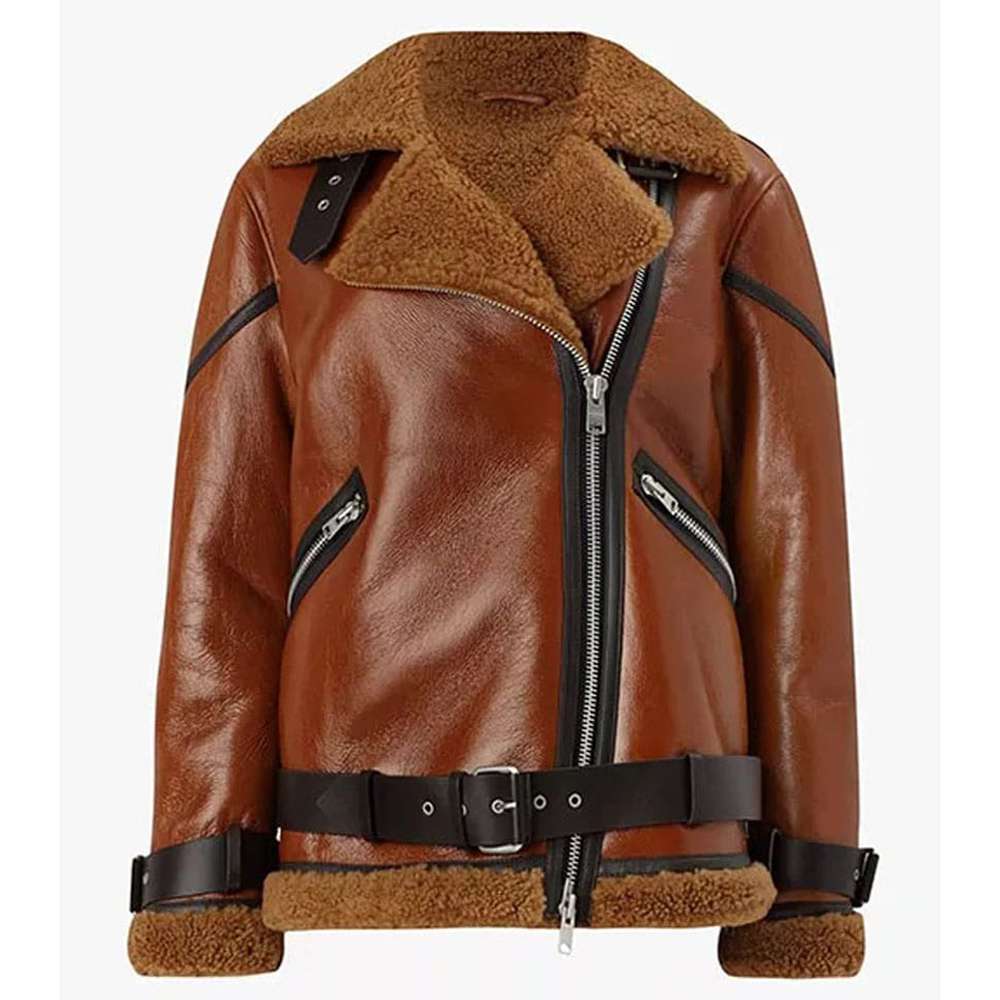 Women Brown B3 Shearling Biker Leather Jacket - AMSEL LEATHERS