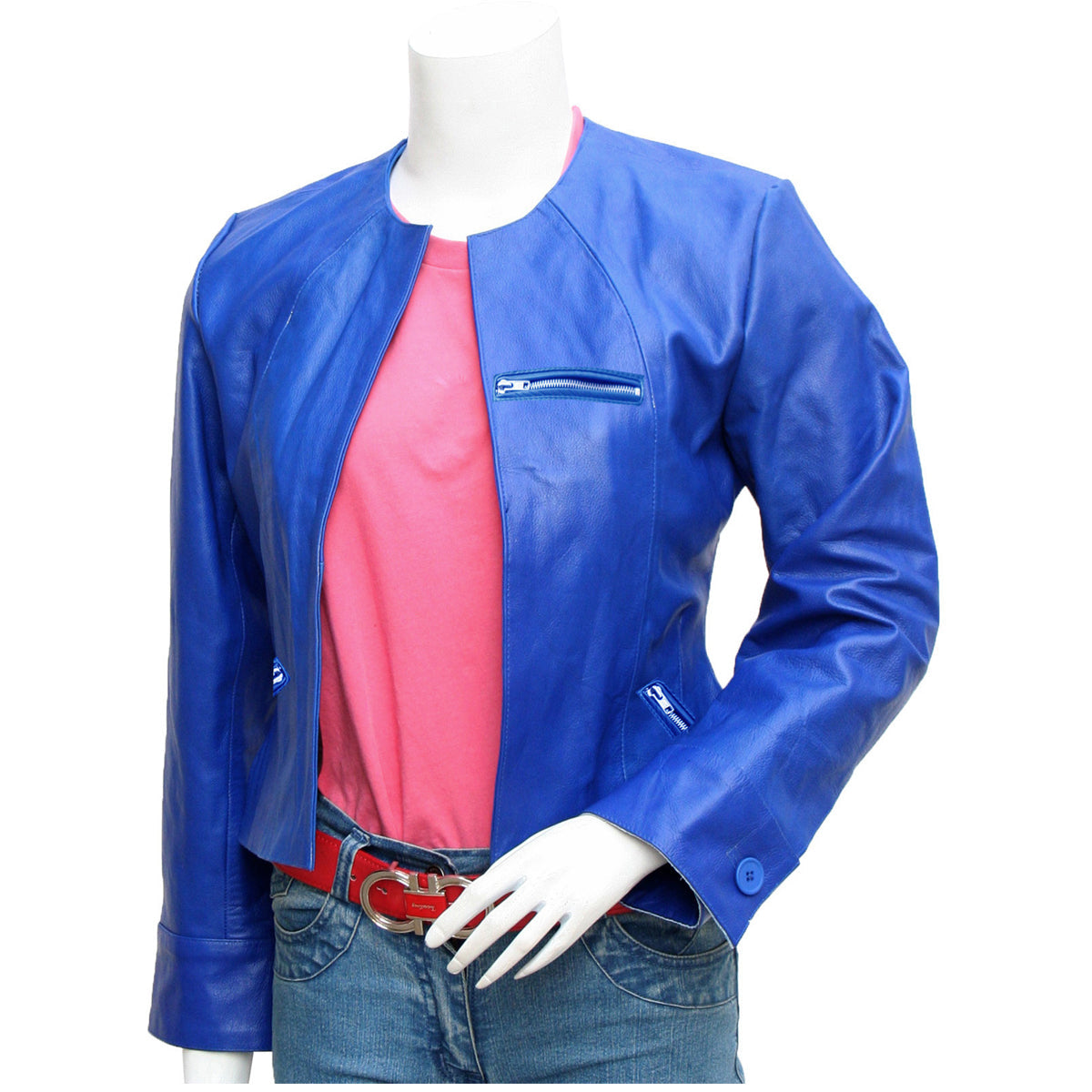 Women's Blue Leather Collarless Jacket - AMSEL LEATHERS