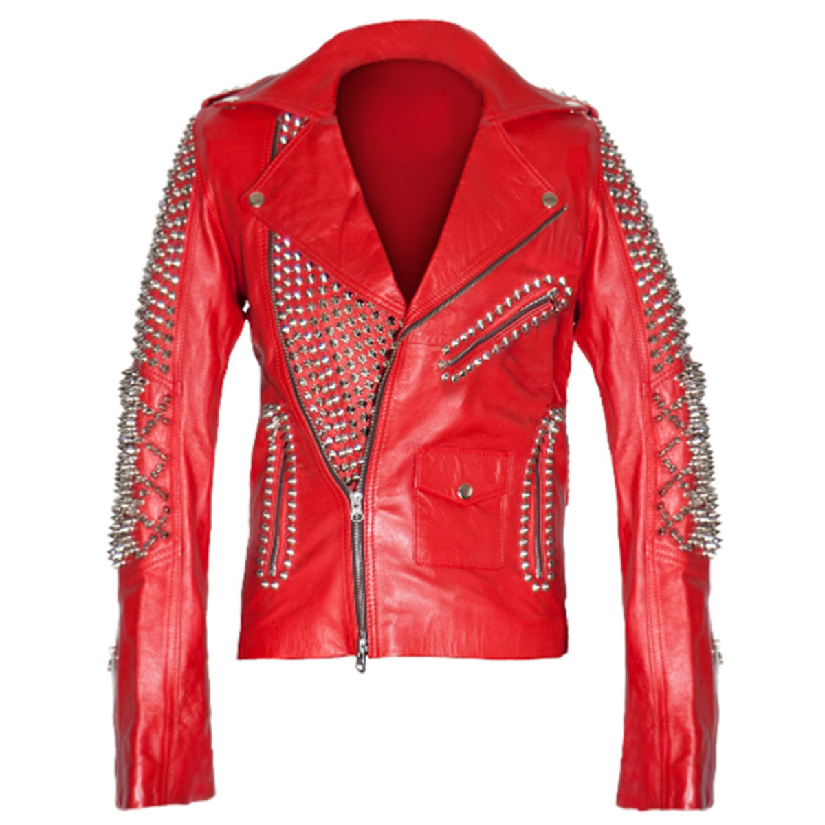 Women Brando Red Leather Studded Biker Jacket - AMSEL LEATHERS