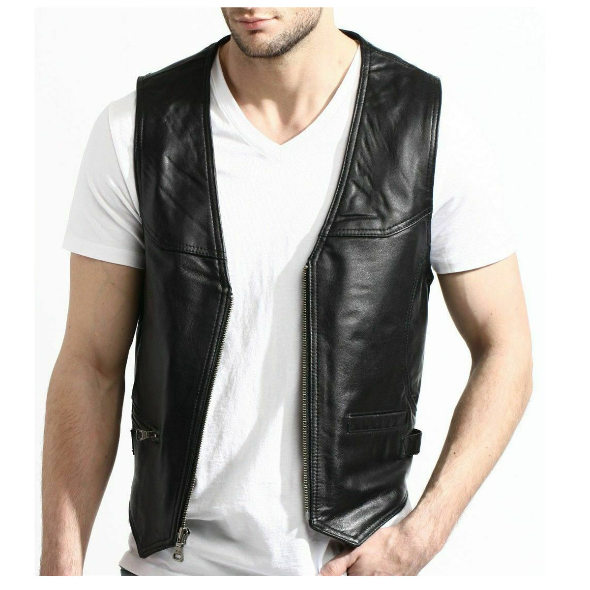 Men Motorcycle Fashion Leather Vest - AMSEL LEATHERS