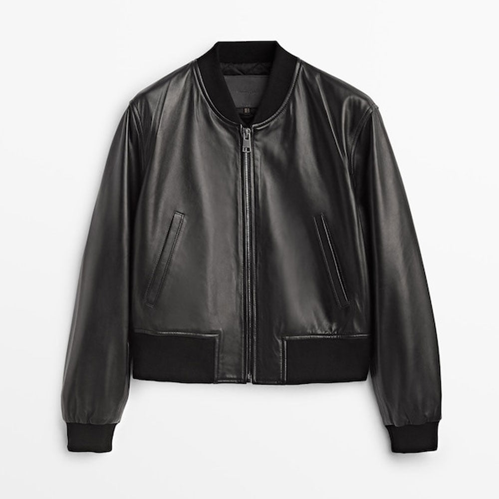 • black leather bomber jacket mens front view
