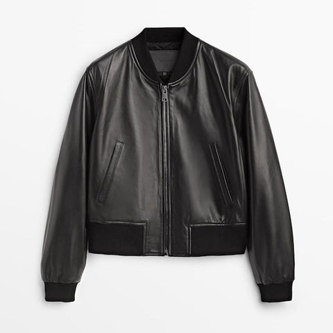 • black leather bomber jacket mens front view
