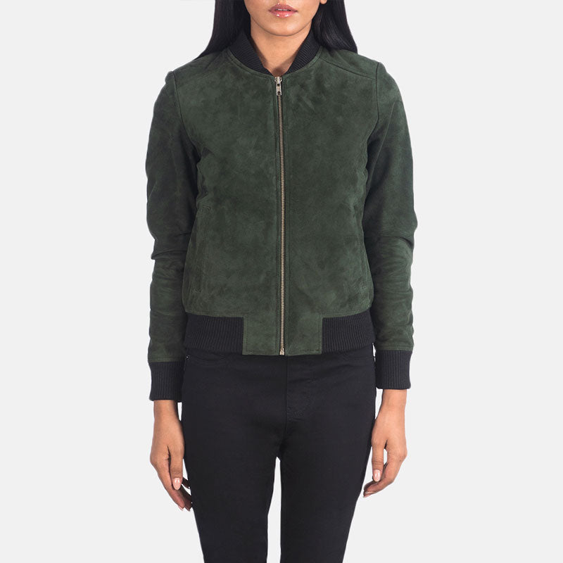 women's green suede leather jacket isolde front view
