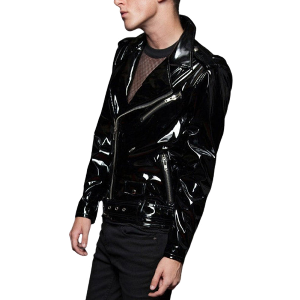 Men Goth Moto Vinyl PVC Jacket Fetish Punk EMO Biker Jacket - AMSEL LEATHERS