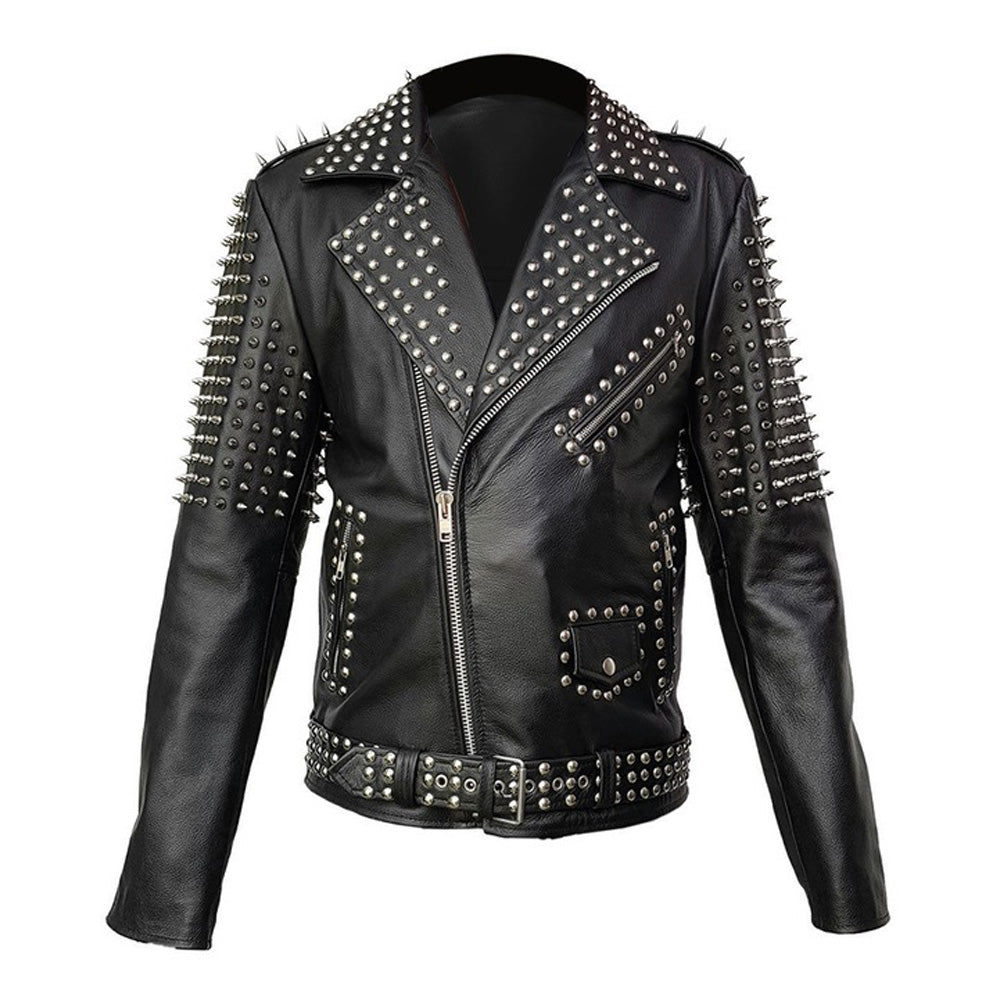 Men Real Leather Jacket Spike Studded Punk Style Jacket - AMSEL LEATHERS