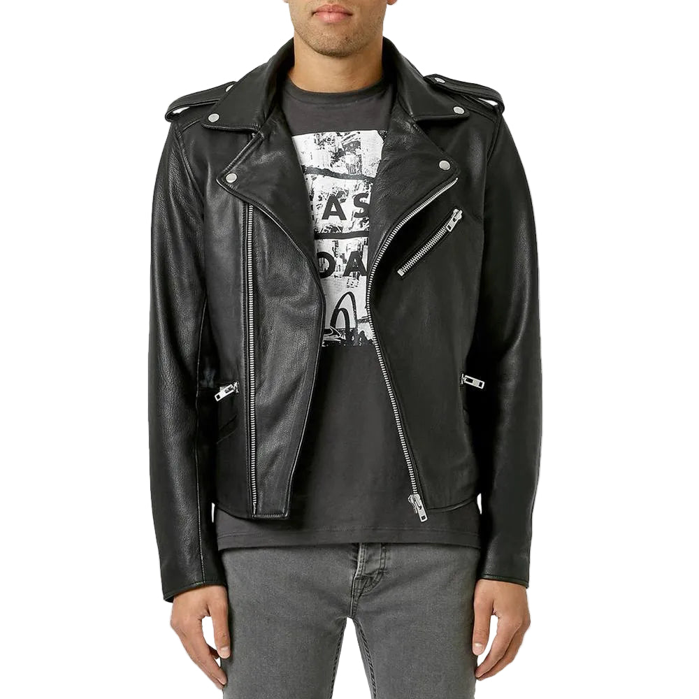 • black motorcycle leather jacket mens front view
