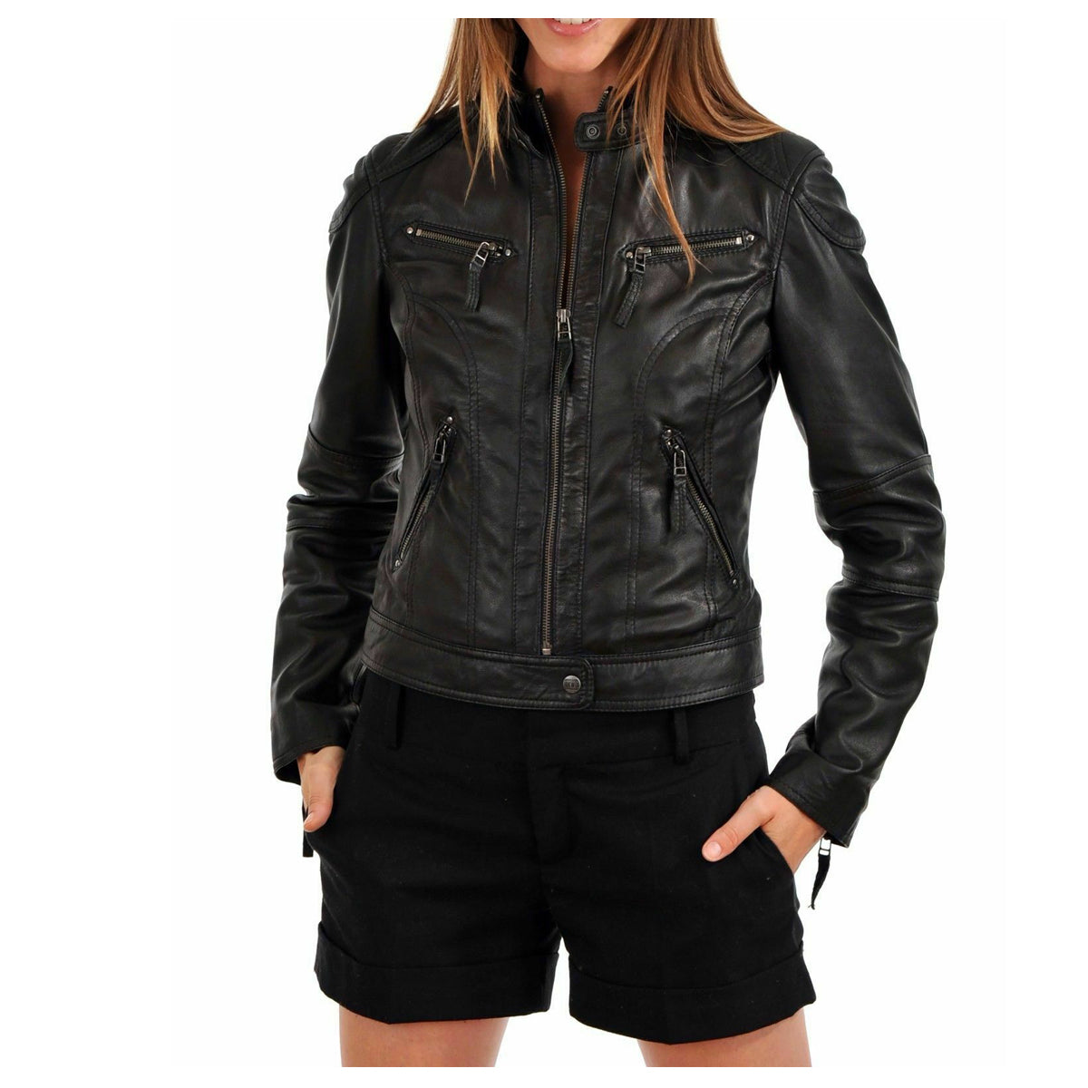 Women Biker Fashion Lambskin Leather Jacket For Sale - AMSEL LEATHERS