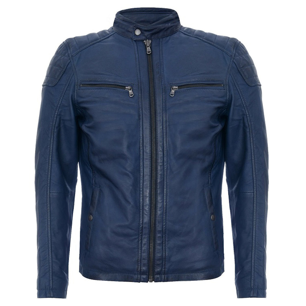 Men Soft Blue Leather Motorcycle Jacket - AMSEL LEATHERS