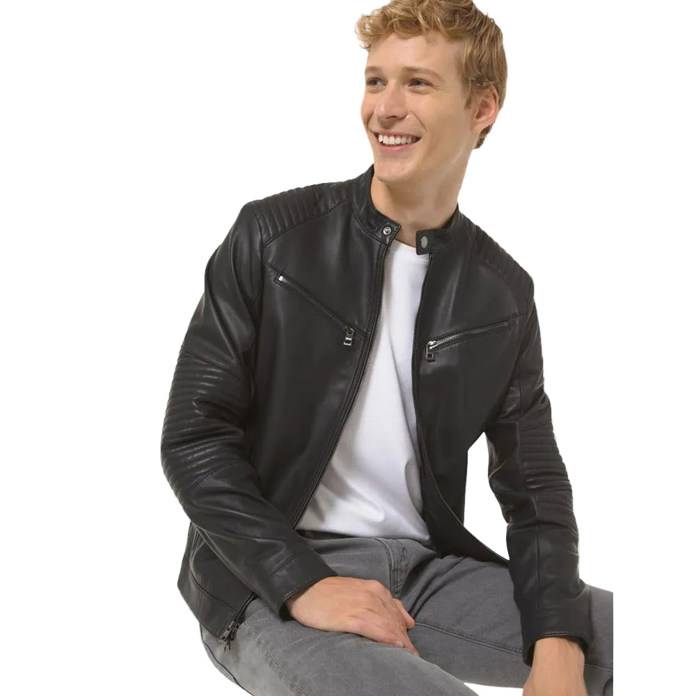 • black cafe racer leather jacket mens front view
