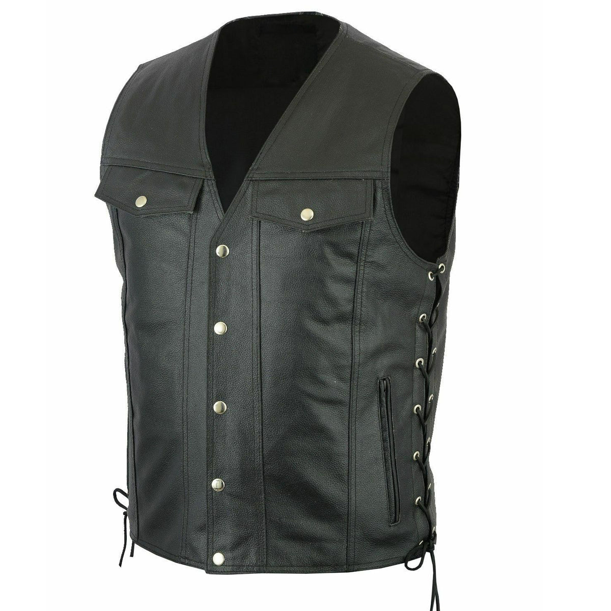 Men Side Laces V Neck Motorcycle Leather Vest - AMSEL LEATHERS