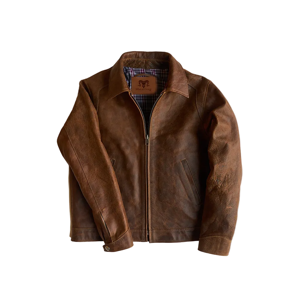 men's brown distressed lambskin leather trucker jacket alaric front view