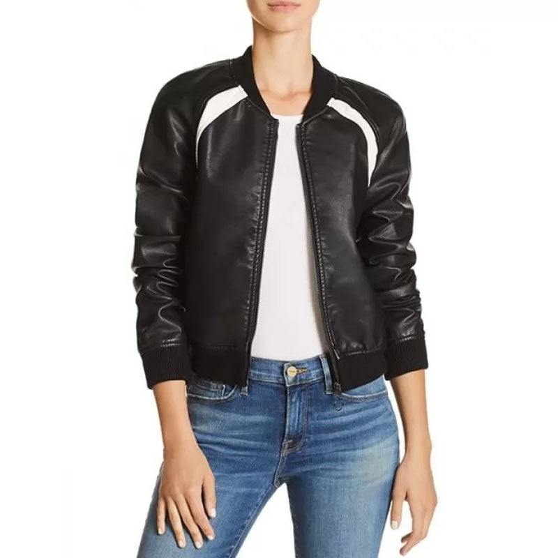 • womens black leather bomber jacket front view
