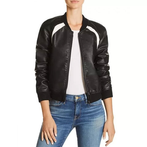 • womens black leather bomber jacket front view
