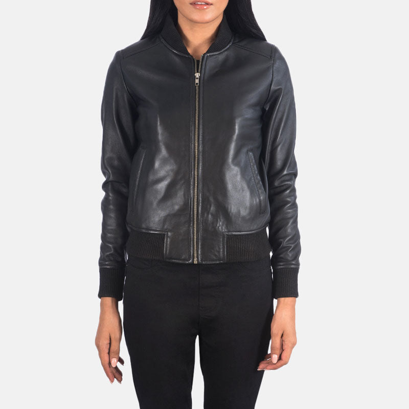 women's black leather bomber jacket maren front view