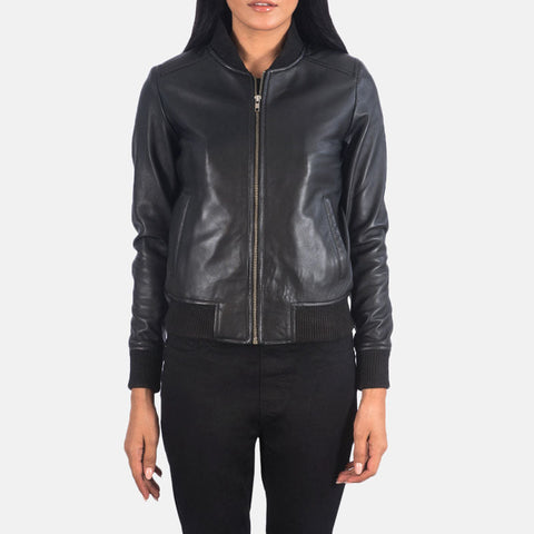 women's black leather bomber jacket maren front view