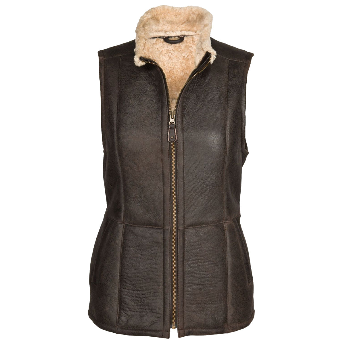 Women Shearling Brown Leather Long Vest - AMSEL LEATHERS