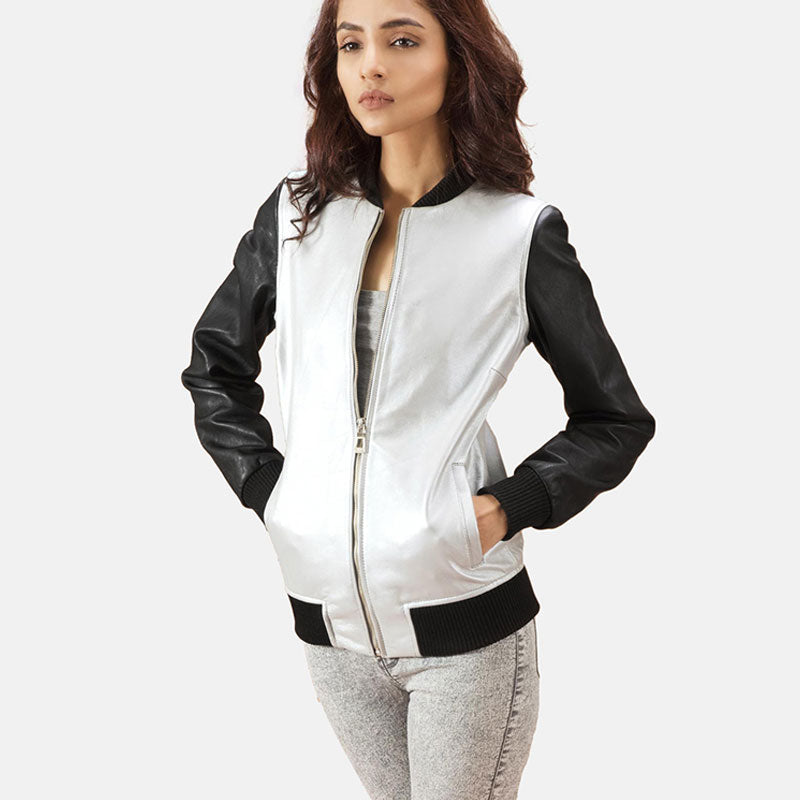 women's silver leather bomber jacket aurelia front view