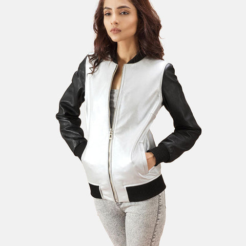 women's silver leather bomber jacket aurelia front view