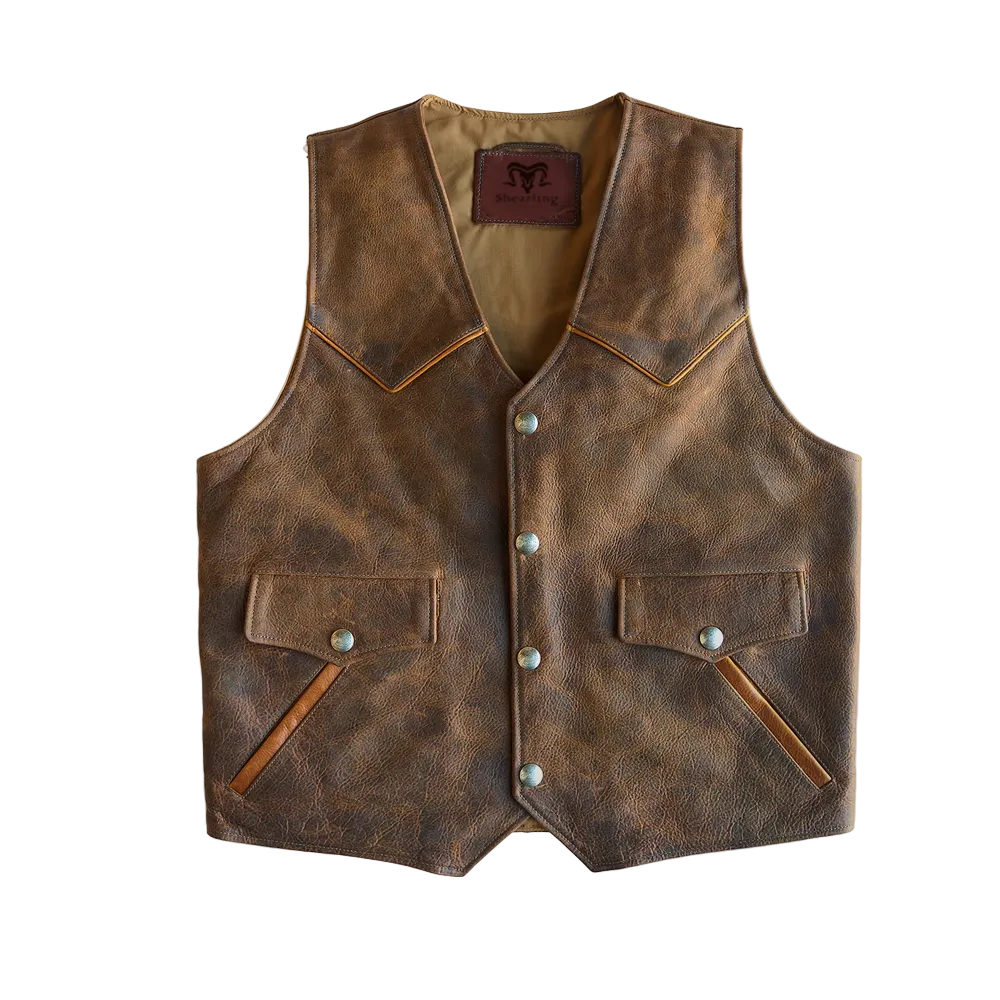 men's brown distressed leather vest marlow front view