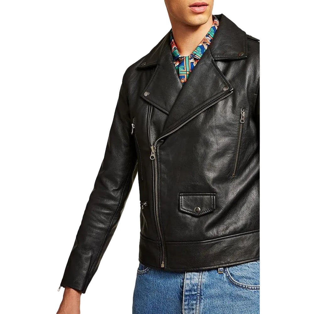 men's black lambskin leather biker jacket bastian front view