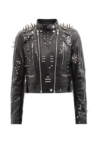 women's black studded leather leather coat elara side angle