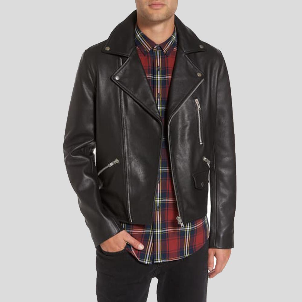 men's black lambskin leather bomber jacket tristan front view