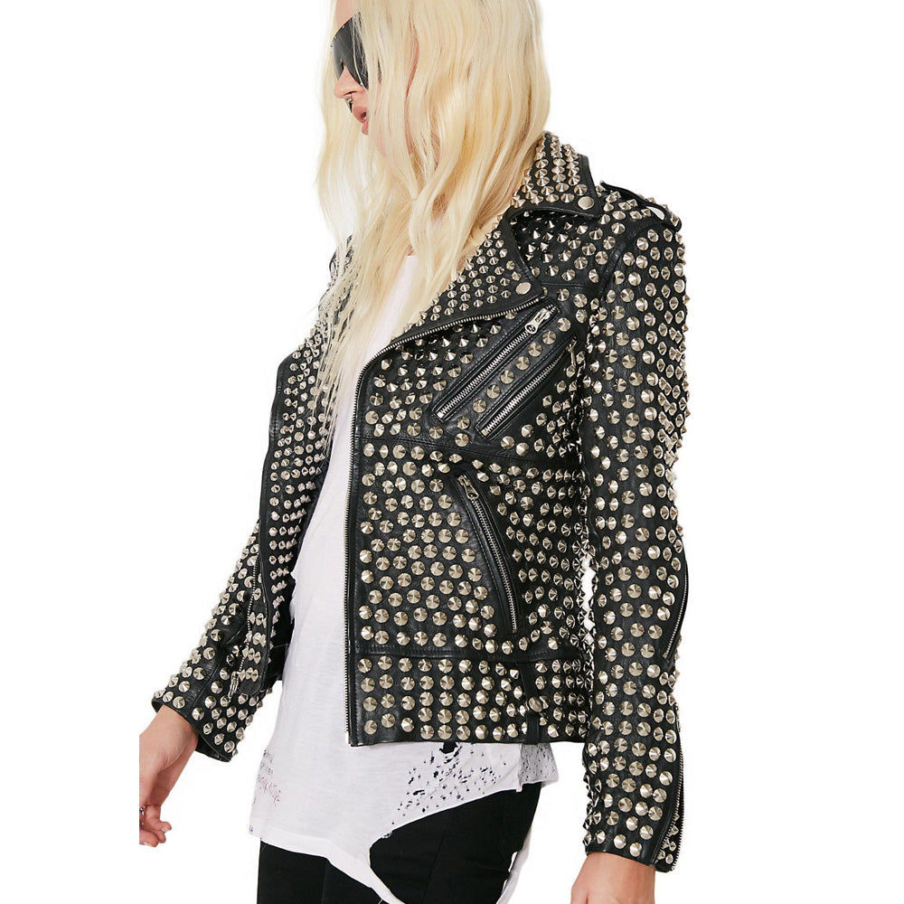 Women Rock Star Silver Studded Leather Jacket - AMSEL LEATHERS